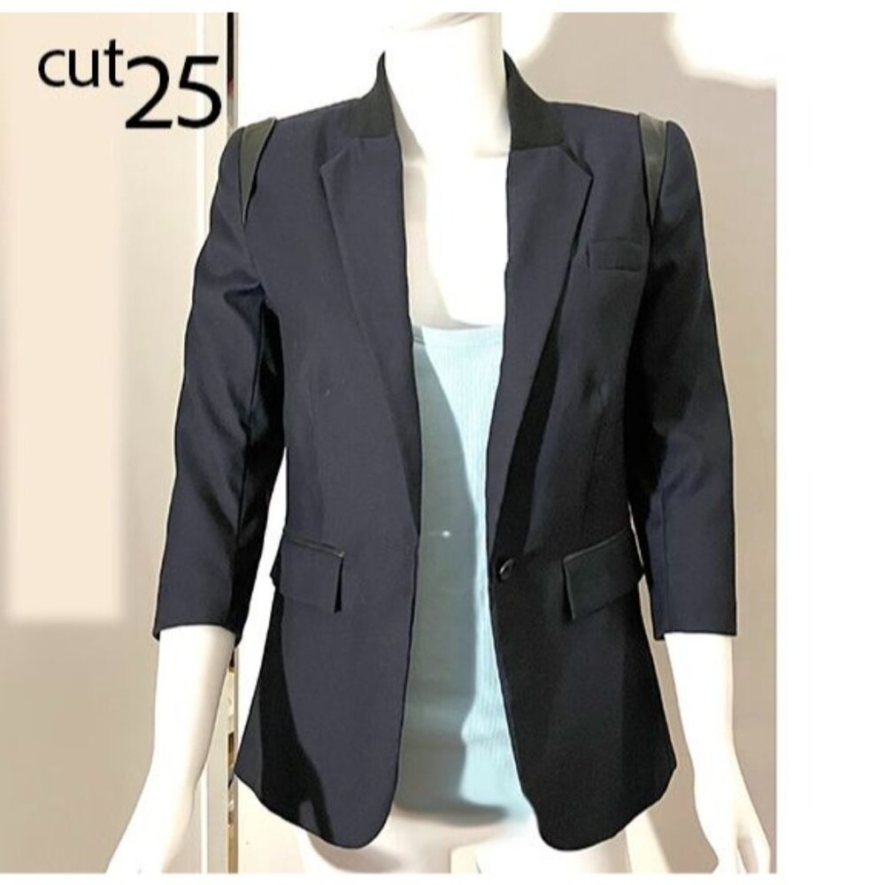 Cut25 by Yigal Azrouel vintage 3/4 sleeve navy blazer with black leather, S2
